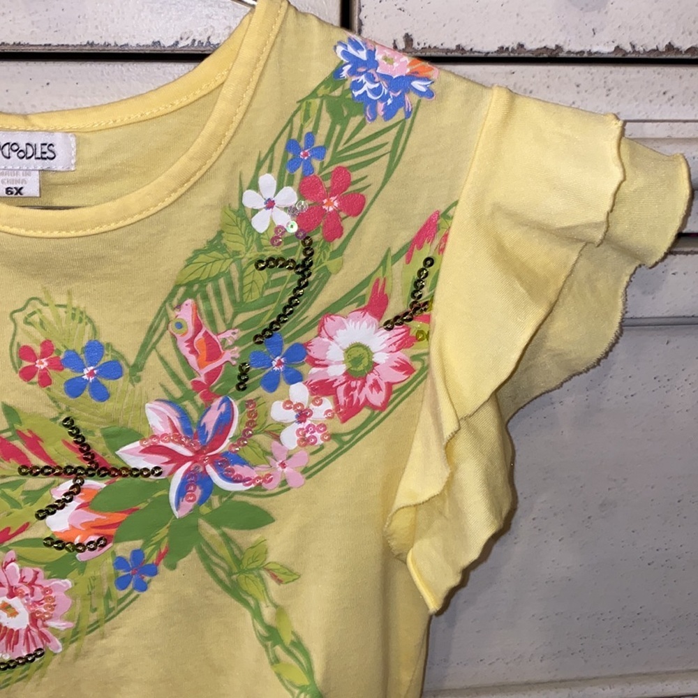 Flapdoodles yellow shirt flutter sleeves green Dragonfly floral sequin design 6X - Picture 3 of 8